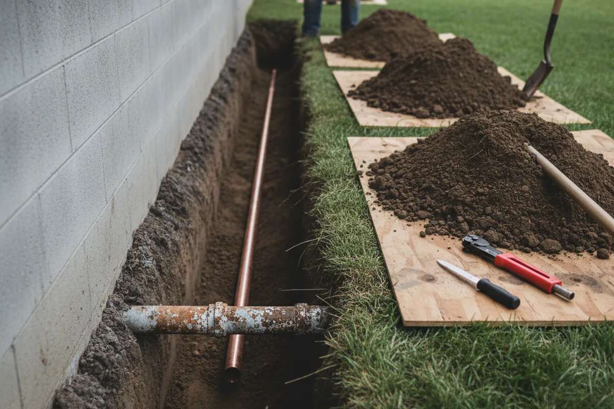 Excavated water line trench during Sewer Line Repair in Saint Charles